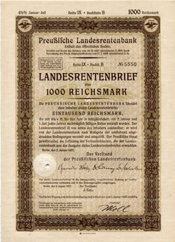 Облигация 4,5% 1000 рейхсмарок 1937 года Германия