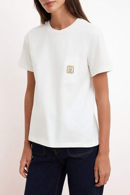 Ekru Regular/Normal Kal?p K?sa Kollu Nak?sl? Tok %100 Pamuk Orme T-Shirt TWOSS26TS00063 - Trendyolmilla фото 3