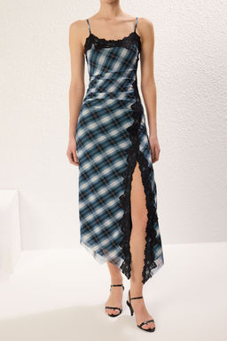 TRENDYOLMILLA Siyah Ekose Bask?l? Y?rtmacl? Dantel Detayl? Kare Yaka Ask?l? Midi Orme Elbise TWOSS25EL00473  фото 4