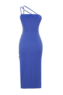 Mavi Drape Detayl? Dokuma Midi S?k Abiye Elbise TPRSS23EL00543