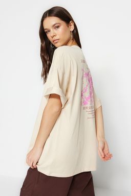 Premium Tas %100 Kal?n Pamuklu On ve Arka Bask?l? Oversize/Genis Kal?p Orme T-Shirt TWOSS23TS00269