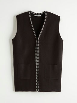 V Yaka Desenli Kad?n Triko Yelek