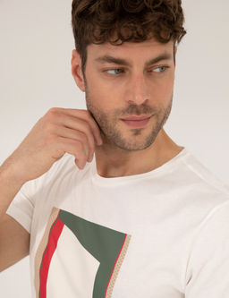 Ekru Slim Fit Bask_l_ Bisiklet Yaka Ti__rt