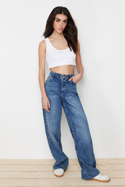 Beyaz Ask?l? Crop Fitilli Esnek Orme Atlet TWOSS24AL00023