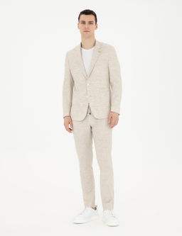 Bej Slim Fit Keten Kar___ml_ _izgili Tak_m Elbise