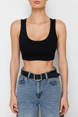 Siyah Ask?l? Super Crop Fitilli Esnek Orme Atlet TWOSS24AL00023
