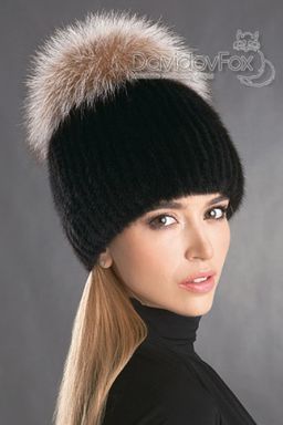 Шапка Лыжница норка блэк помпон норвежка кристалл