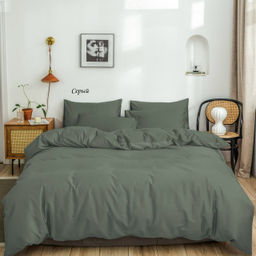 Комплект постельного белья Серый, вареный хлопок семейный