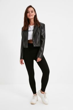 Siyah Yuksek Bel Basic Beli Lastikli Interlok Orme Tayt TWOAW20TA0047 - Trendyolmilla фото 2