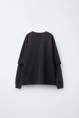 FADED-EFFECT T-SHIRT WITH DOUBLE SLEEVES AND RAISED SLOGAN - Zara фото 2