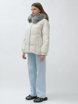 с чернобуркой ПРЕМИУМ класса Полупальто куртка зимняя коричневого цвета  бежевого цвета - Mtforce фото 18