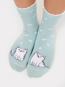 Цена за 5 пар! Носки детские мятные с пикотом на борту и рисунком в виде котиков