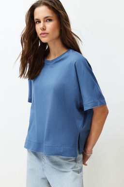 TRENDYOLMILLA Indigo %100 Pamuk Kesik ve Y?rtmac Detayl? Oversize/Rahat Kesim Orme T-Shirt TWOSS24TS00027 фото 8