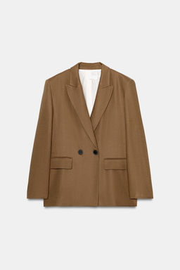 BLAZER CRUZADA CON LINO MANGA REMANGADA / Caramelo - Zara фото 6