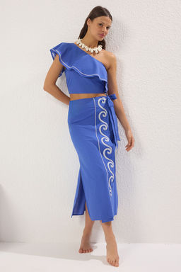 Saks Dokuma Volanl? Tek Omuz %100 Pamuklu Bluz Etek Plaj Tak?m TBESS24AU00009