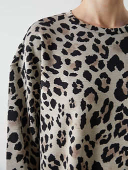 Bisiklet Yaka Leopar Desenli Oversize Kad?n Sweatshirt Tunik
