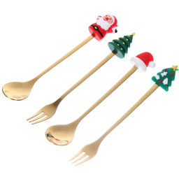 Набор для десерта "Дед Мороз и Ёлка" 4предмета (2ложки+2вилки) в подарочной коробке,золото