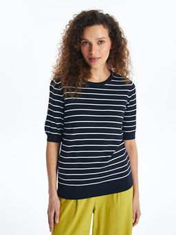 Bisiklet Yaka ?izgili K?sa Kollu Kad?n Triko Kazak