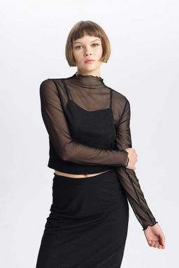 Футболка приталенного кроя с полуводолазкой и длинными рукавами из тюля - Defacto фото 4