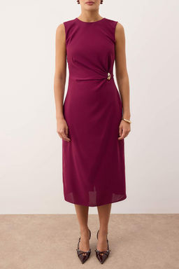 Koyu Mor Duz Vucudu Saran Aksesuar Detayl? Midi Dokuma Elbise TWOSS25EL00204