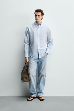 CAMISA REGULAR FIT  ALGOD?N - LINO / Celeste