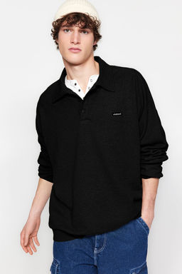 TRENDYOL MAN Siyah Erkek Oversize/Genis Kesim Etiketli Dokulu Pamuklu Polo Yaka Sweatshirt TMNAW24SW00224 - Trendyolmilla фото 13