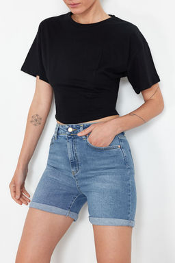 Siyah Crop Regular Orme T-Shirt TEDSS24TS00008
