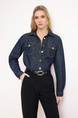 Koyu Mavi Dugme Detayl? Basic 100% Pamuk Denim Gomlek TWOSS26GO00004 - Trendyolmilla фото 4