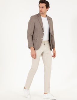Kahverengi Slim Fit Keten Kar___ml_ Ceket