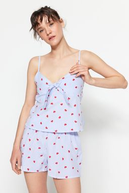 Trendyolmilla Mavi Cizgili Kalpli Ip Ask?l? Viskon Sortlu Dokuma Pijama Tak?m? THMSS23PT00133 фото 6