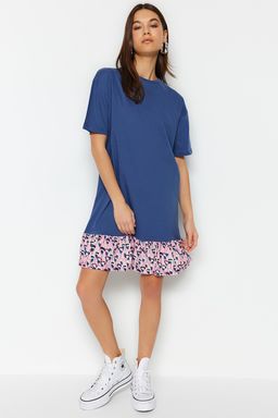 Lacivert Dokuma Detayl? Bisiklet Yaka Belden Ac?lan/Skater Mini Orme Elbise TWOSS20EL2286