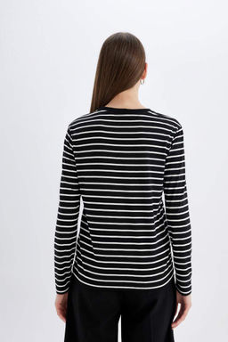 Женская повседневная полосатая футболка обычного кроя с круглым вырезом и длинными рукавами - Defacto фото 6