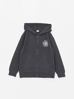Kap??onlu Bask?l? Uzun Kollu Erkek ?ocuk Fermuarl? Sweatshirt