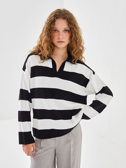 Polo Yaka ?izgili Kad?n Triko Kazak