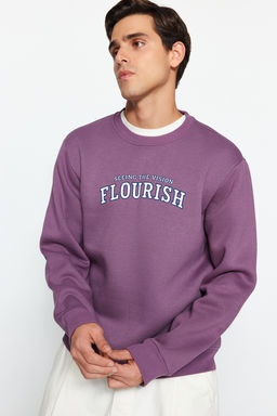 TRENDYOL MAN Lila Regular/Normal Kesim Yaz? Bask?l? Ici Polar/S?cak Tutan Sweatshirt TMNAW24SW00188
