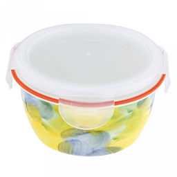 Акварель Салатник-контейнер фарфоровый 400мл, д13х6,2см, круглый, с деколью, отводка, пластмассовая крышка, герметичная, с клипсами, с силиконовым уплотнителем (Китай)