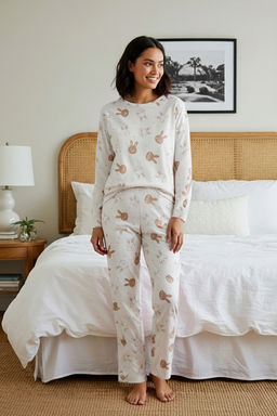 Ekru %100 Pamuk Tavsan Desenli Orme Pijama Tak?m? THMAW26PT00162