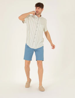 Koyu Mavi Slim Fit Keten Kar___ml_ Beli Lastikli Bermuda _ort
