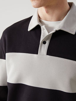 Polo Yaka Uzun Kollu ?izgili Erkek Sweatshirt