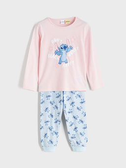Stitch Bask?l? K?z ?ocuk Penye Pijama Tak?m?