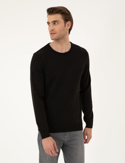 Siyah Slim Fit Bisiklet Yaka Basic Triko Kazak