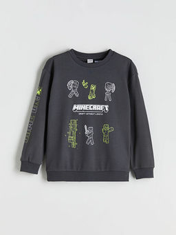 Bisiklet Yaka Minecraft Bask?l? Erkek ?ocuk Sweatshirt