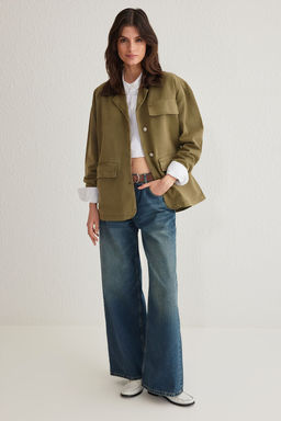 Haki Kontrast Fitilli Yakal? Cep Kapak Detayl? Oversize Denim Gomlek Ceket TWOSS25CE00006 - Trendyolmilla фото 2