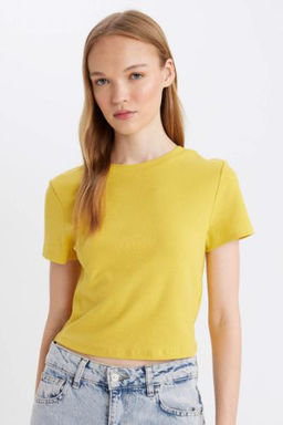 Coool Fitted Bisiklet Yaka Ribana Basic Duz K?sa Kollu Tisort