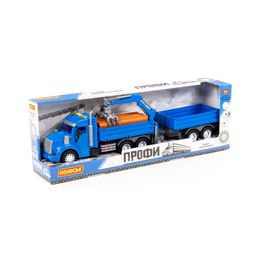 Профи, автомобиль бортовой с манипулятором и прицепом инерционный (со светом и звуком) (синий) (в коробке)