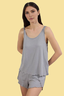 Trendyolmilla Gri Melanj F?rf?r ve Omuz Detayl? Sortlu Viskon Orme Pijama Tak?m? THMSS25PT00100