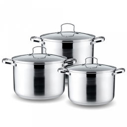 Набор посуды из нержавеющей стали "Kelli" 4 предмета: кастрюля 5л - д22см, 6,6л - д24см, 8л - 26см, стеклянная крышка, пароотвод, клепаные ручки, 5-ти слойное капсульное дно, цветная коробка (Китай) Подходит для всех видов плит, включая индукционную.