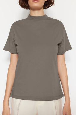 Yag Yesili-Gri 2li Paket %100 Pamuk Basic Dik Yaka Orme T-Shirt TWOSS20TS1500