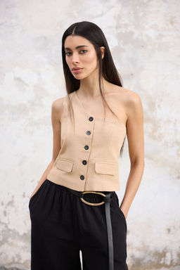 Trendyolmilla Haki Regular Keten Gorunumlu Tek Kol Dokuma Yelek TWOSS25YE00086