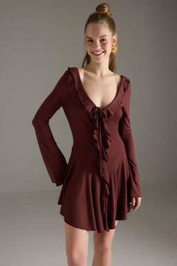 Trendyolmilla Kahverengi Orme Midi Volanl? Plaj Elbisesi TBESS25EL00130  фото 3